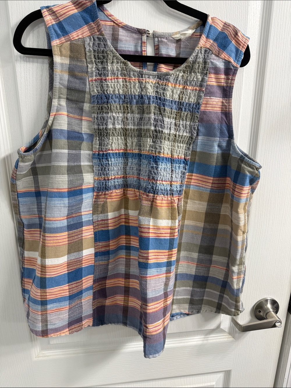 Caslon Blue Earthy Neutral Multi Plaid Smocked Sleeveless Top Cottagecore